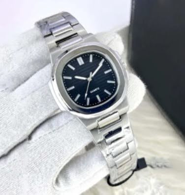Nautilus-Style Black Dial, Stainless Steel Watch
